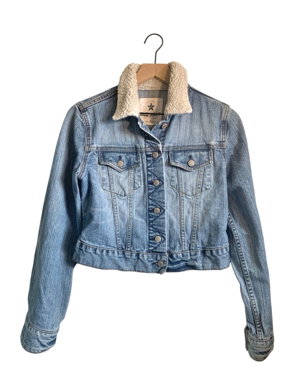 Old Navy Womens Denim Jean Trucker Jacket Size M Y2K Retro 2006 Sherpa Crop